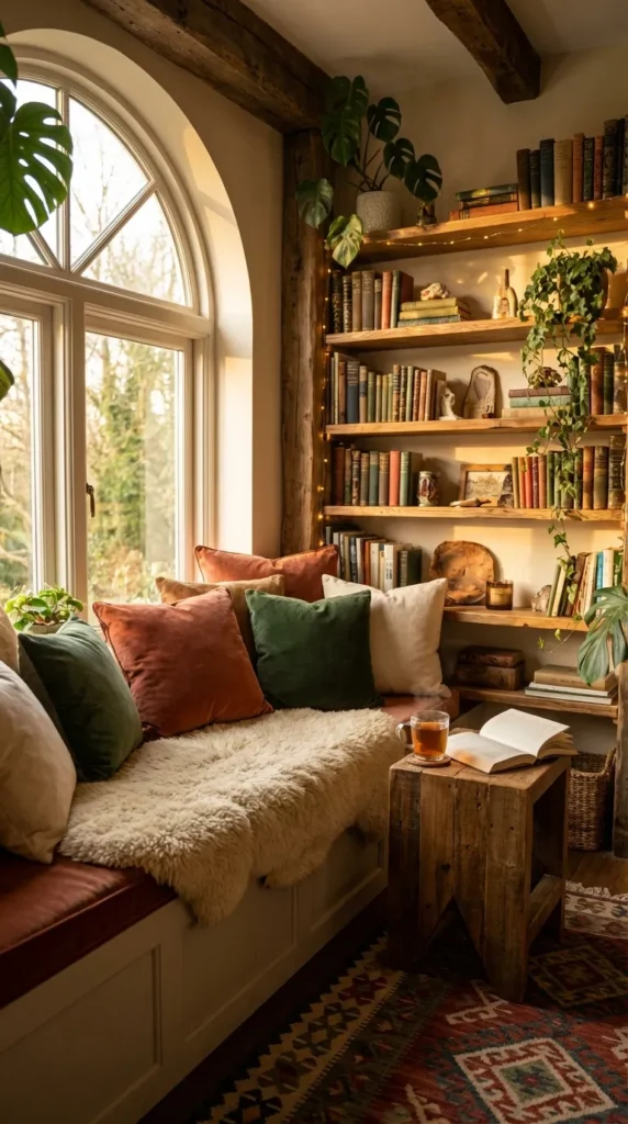 A cozy teal blue reading nook featuring built-in bookshelves filled with books, warm string lights hanging above, and a comfortable bench seat piled with rust and floral throw pillows. Text overlay reads '10 DIY Book Nook Projects That Are Easier Than You Think'.