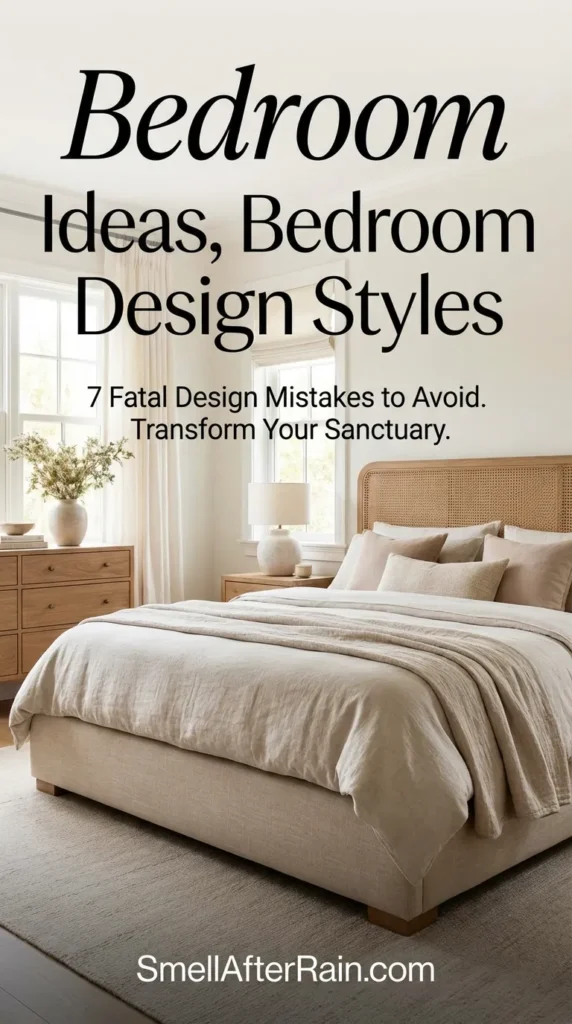 A serene master suite showcasing organic modern Bedroom Ideas with a wooden bed frame and woven cane headboard. The room features a neutral color palette typical of Japandi Bedroom Design Styles, including a textured beige rug, warm bedside table lamps, a large indoor plant, and circular wall art. The layout demonstrates proper furniture scale and layered lighting for a cozy atmosphere.