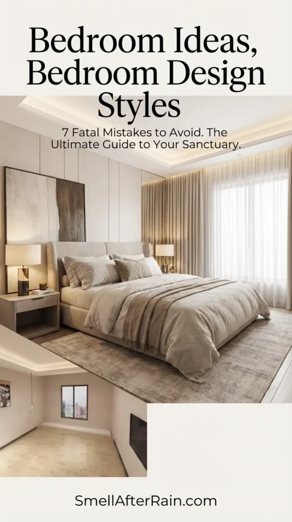 A spacious but sparse bedroom interior featuring beige walls, light wood flooring, and a tray ceiling with cove lighting. The room represents a blank canvas for Bedroom Ideas and various Bedroom Design Styles. A black framed window overlooks a city view, while a solitary pendant light hangs near the wall. This example illustrates the need for proper furniture scaling and layered lighting to avoid a cold, unfinished look in modern home decor.