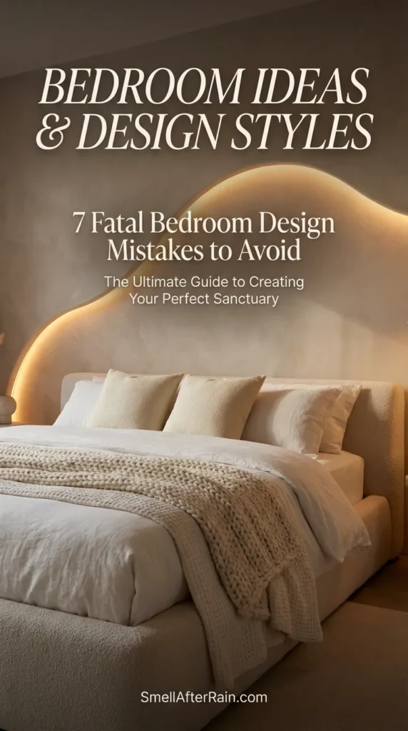 A serene, modern bedroom featuring a unique wavy, backlit headboard wall that adds warmth and texture. A white upholstered bed sits on a neutral rug, illuminated by soft ambient lighting and a sculptural pendant light. This setting exemplifies chic Bedroom Ideas and sophisticated Bedroom Design Styles for a minimalist sanctuary.