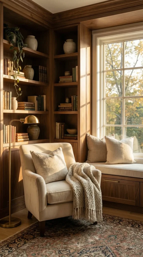 A cozy reading nook situated in a corner next to a window looking out on a snowy landscape. The space features a large, beige oversized armchair layered with a white blanket and red throw pillows. Rustic wooden shelves line the wall, packed with books and decorated with warm string lights that drape across the ceiling. A vintage patterned rug sits on the floor, enhancing the warm, hygge atmosphere of this small space library.
