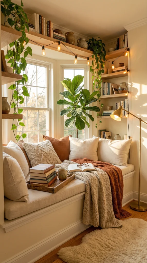 Cozy reading nook featuring a large brown velvet bean bag chair, white bookshelves filled with colorful books, hanging ivy plants, and string fairy lights creating a warm glow. An open book rests on the seat, perfect for aesthetic home library inspiration.