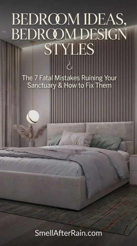 A modern luxury bedroom featuring a gray upholstered bed frame and a textured vertical slat feature wall. The space showcases elegant Bedroom Ideas with gold pendant lighting and floor-to-ceiling beige curtains. Minimalist decor meets cozy textures in this example of contemporary Bedroom Design Styles, featuring a white nightstand and soft bedding.