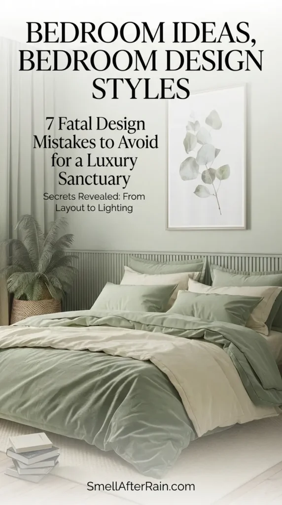 Serene sage green bedroom interior featuring vertical wall paneling and layered bedding in soft green and cream tones. A framed botanical eucalyptus print hangs above the bed, complemented by a large fern in a woven basket. The space illustrates calming Bedroom Ideas and modern organic Bedroom Design Styles with floor-to-ceiling curtains and natural textures.