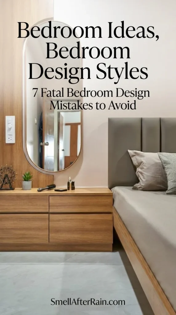 A stylish modern bedroom corner featuring a floating wooden nightstand with two drawers and a tall oval mirror mounted on a wood panel accent wall. The bed features a grey upholstered headboard, grey linens, and a teal accent pillow. A small potted plant and a decorative metal wheel sit on the bedside table. This interior setup demonstrates contemporary Bedroom Ideas and space-saving Bedroom Design Styles.