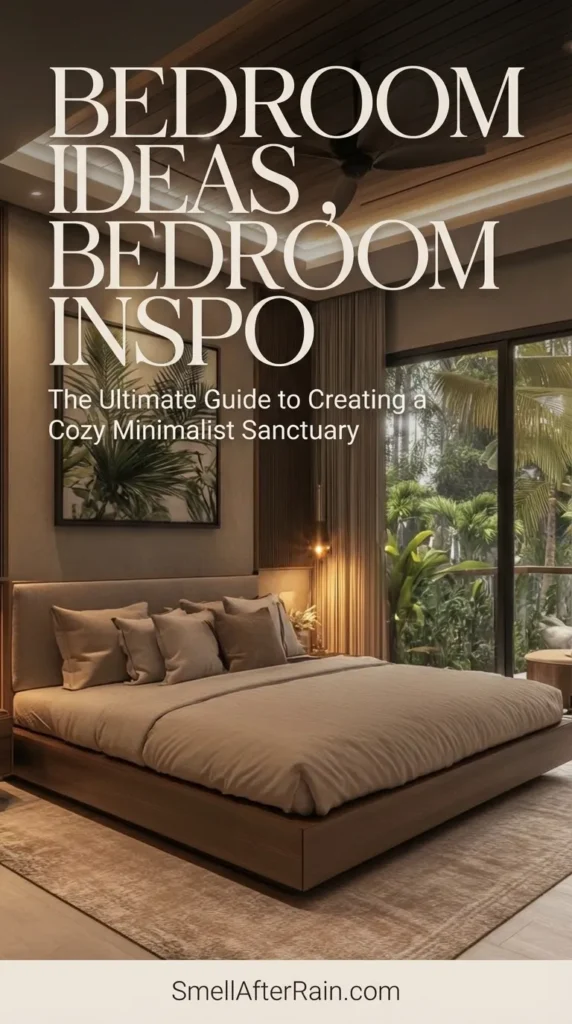 A luxurious modern bedroom featuring a wood paneled ceiling with recessed cove lighting and a black ceiling fan. The room highlights cozy minimalist Bedroom Ideas with a low profile platform bed, neutral beige bedding, and a textured area rug. Large sliding glass doors open to a lush tropical garden, providing natural Bedroom Inspo. A large botanical art print hangs on the wall, complementing the warm, earthy tones and soft lighting of the sanctuary space.