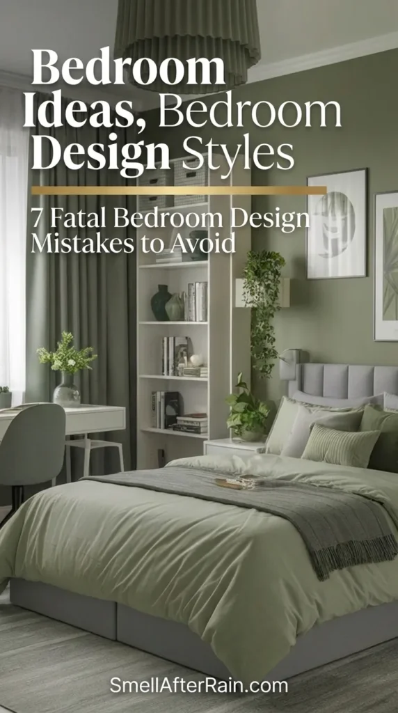 A stylish modern bedroom featuring sage green walls and matching green bedding on a grey upholstered bed. A white bookshelf and desk area maximize functionality next to floor-to-ceiling green curtains. This interior demonstrates cohesive Bedroom Ideas and curated Bedroom Design Styles, showing how to avoid common layout mistakes like poor scale or lack of texture.