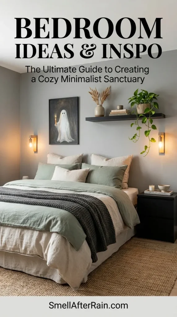 A cozy, dark aesthetic bedroom featuring grey walls and a single bed with layered bedding including a ghost pattern blanket and a black cat shaped pillow. Above the bed hangs a star pillow and string shelves filled with figurines and plants. To the left, a tall mirror reflects the room. This space serves as unique Bedroom Inspo and offers creative Bedroom Ideas for those who love a cozy sanctuary vibe with personal decor elements.