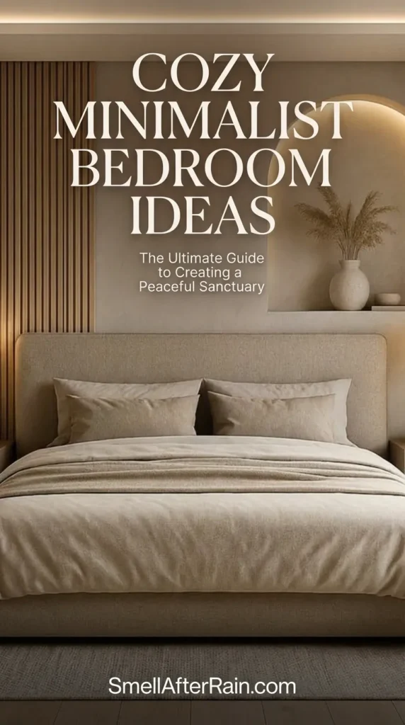 A serene, beige minimalist bedroom featuring a wood slat accent wall and an illuminated arched niche with dried botanicals. The cozy space showcases modern Bedroom Ideas and Bedroom Inspo with a low-profile upholstered bed, layered linen bedding, spherical pendant lights, and a textured rug on light wood flooring.