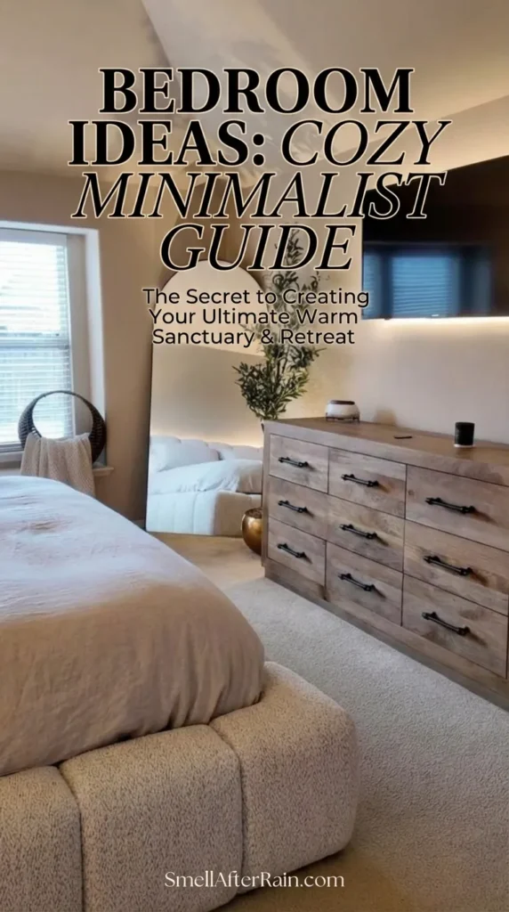 A serene, neutral bedroom featuring a low profile textured bed frame and a large arched floor mirror leaning against the wall. An artificial olive tree adds greenery next to a natural wood dresser with sleek black handles. A wall-mounted TV with backlighting sits above the dresser. Sunlight casts soft shadows on the ceiling. Perfect Bedroom Inspo and modern Bedroom Ideas for a cozy minimalist home renovation.