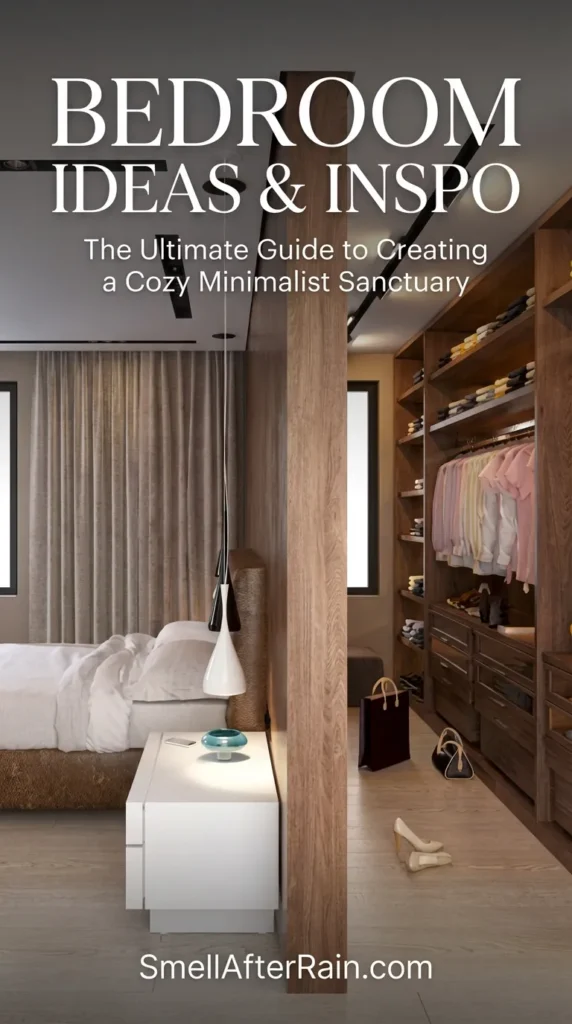 A stunning modern minimal bedroom featuring a wood divider wall that separates the sleeping area from a luxury walk-in closet. The space showcases neutral bedding, floor-to-ceiling beige curtains, and track lighting. Perfect Bedroom Ideas and Bedroom Inspo for those who love organized, clutter-free interiors with a warm, cozy aesthetic and smart storage solutions.