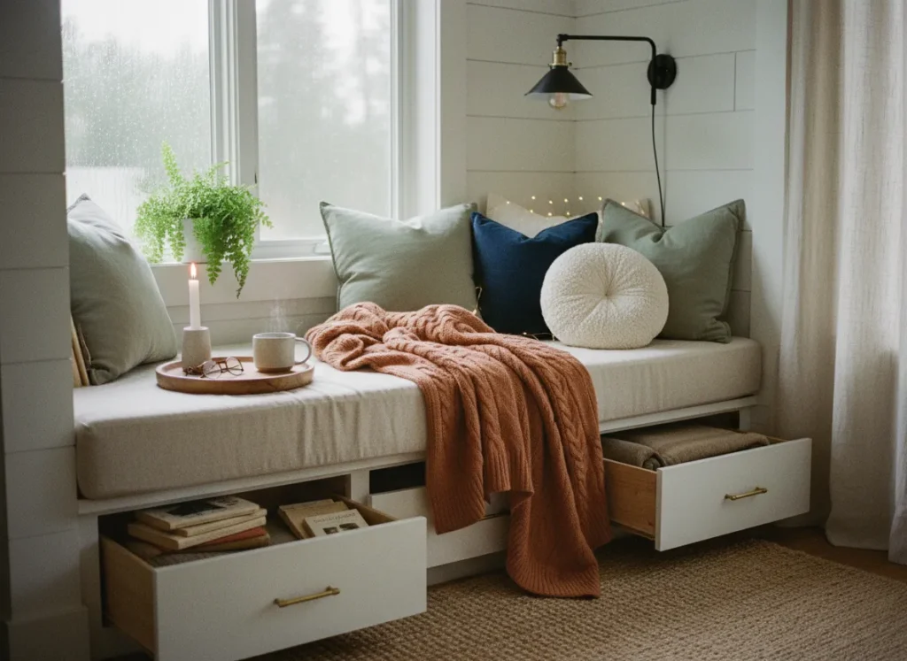 Cozy window nook with plush cushions, a soft throw, and warm ambient lighting, creating a serene rainy day reading retreat in neutral tones.