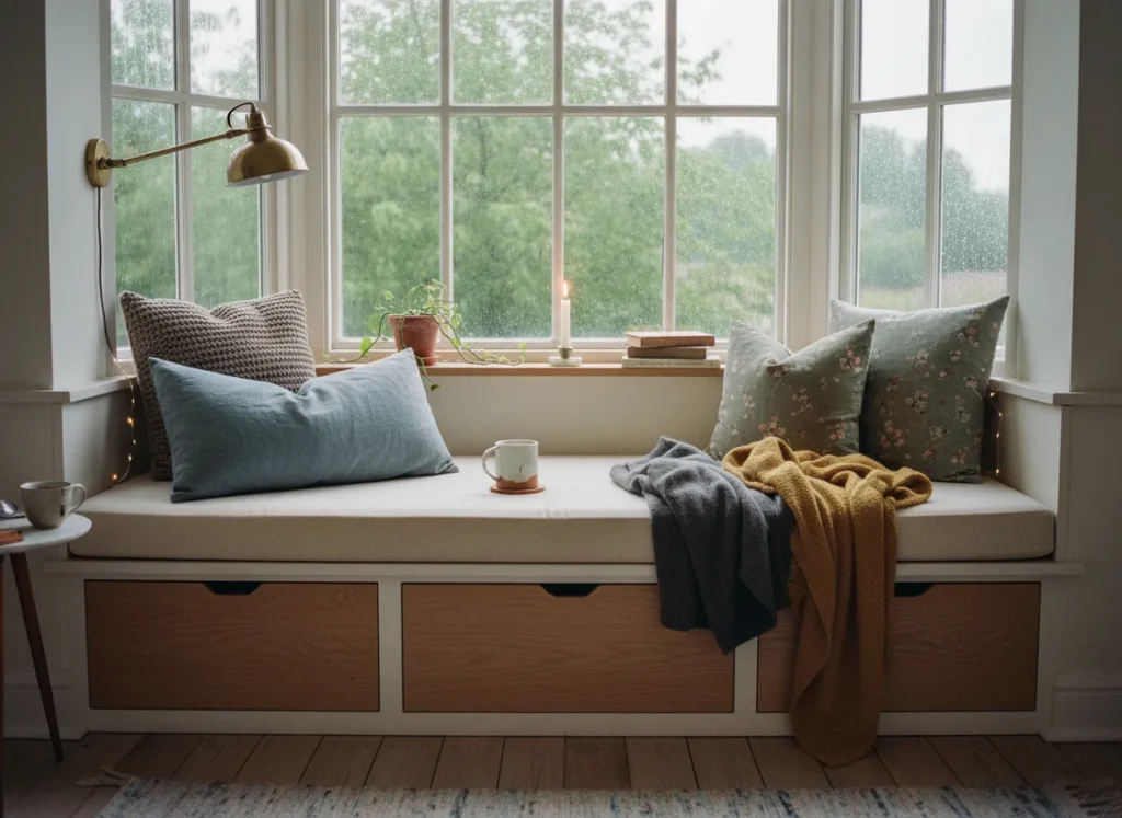 Cozy bay window seat with plush cushions, knit blankets, and soft ambient lighting overlooking a peaceful rainy day landscape.