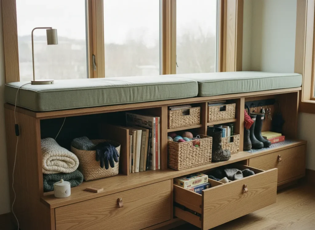 Functional built-in window seat storage featuring pneumatic lift lids and soft-close drawers, showcasing organized blankets and books in a cozy home setting.