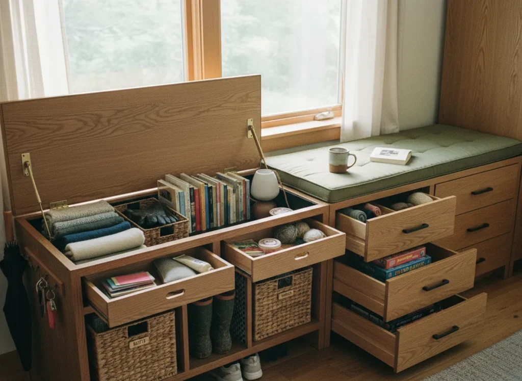Functional window seat with built-in storage drawers and plush cushions, neatly organizing books and blankets in a cozy, modern home interior.