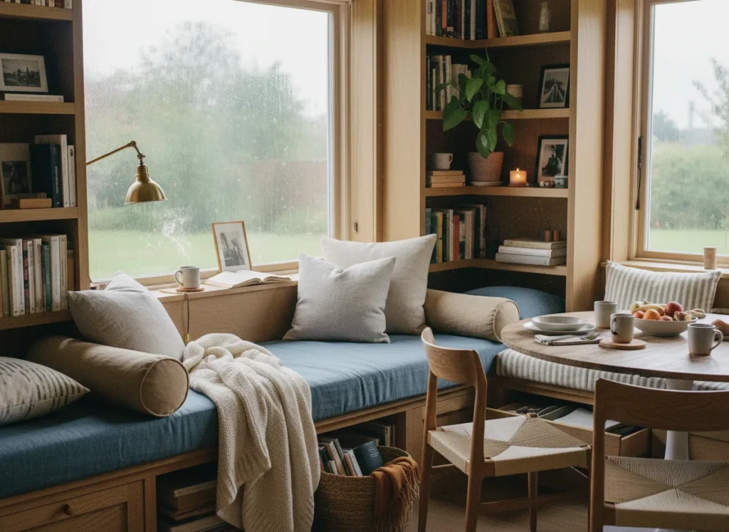 Cozy window seat with plush cushions, bolster pillows, and built-in bookcases, creating a serene reading nook with natural light.