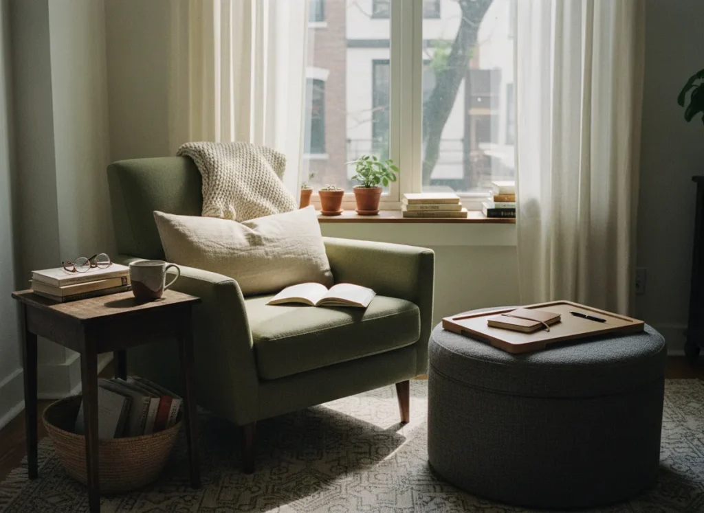 Cozy reading nook featuring a comfortable armchair with lumbar support, a slim side table, and a storage ottoman in a small space.