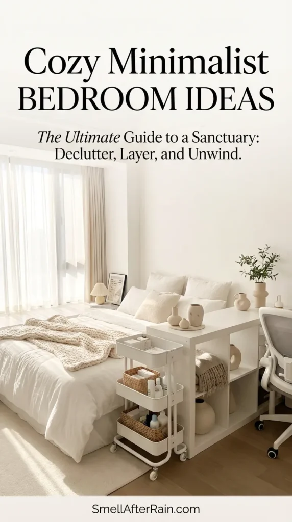 A cozy bedroom layout featuring a low bed with fluffy white bedding and a cute animal rug. A white cube shelf acts as a room divider between the sleeping area and a white desk setup. A rolling utility cart holds beauty products next to the bed. The room has warm lighting, sheer curtains, and a black and white checkered rug, offering excellent Bedroom Ideas and aesthetic Bedroom Inspo for small apartments.