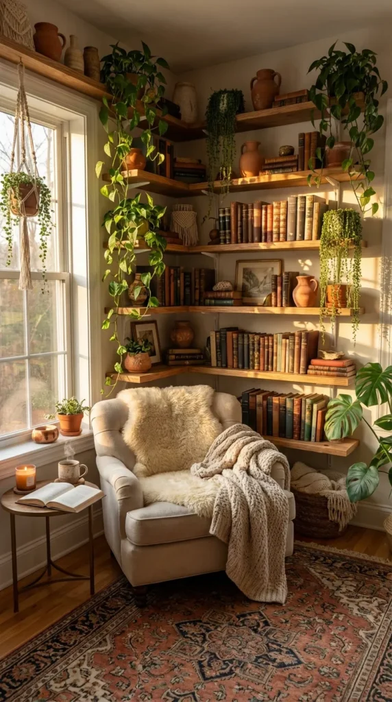 Floor-to-ceiling rustic wooden corner floating shelves filled with books and trailing indoor plants next to a bright window with white trim. A cozy boho home library design featuring a red patterned rug and natural lighting.