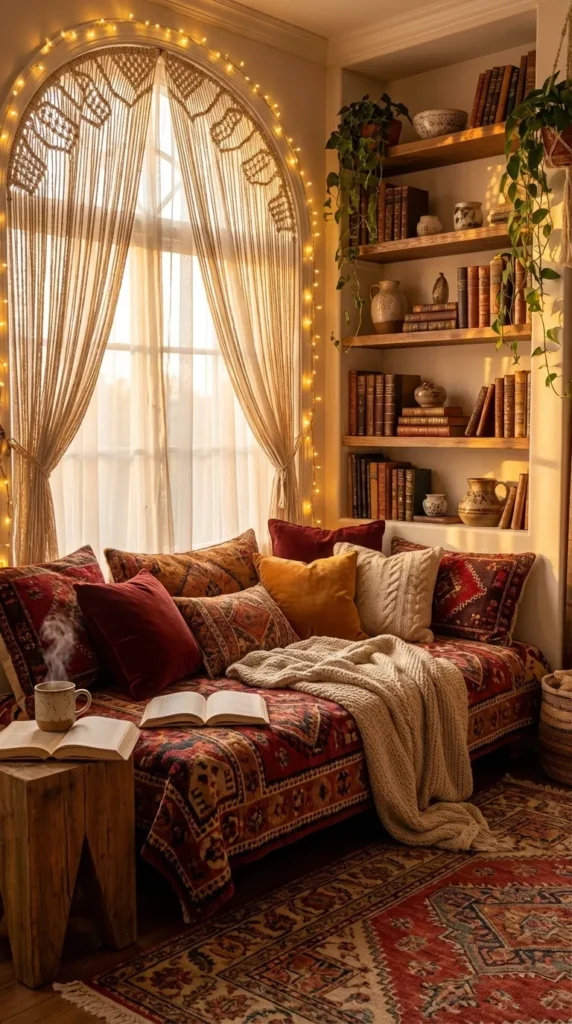 A cozy built-in reading nook alcove featuring white bookshelves filled with colorful books. Warm string lights drape along the top and down the sides of sheer white curtains that frame the space. A cushioned bench seat is piled high with red and rust-colored bohemian paisley throw pillows and a textured grey knitted blanket. A patterned vintage rug lies on the floor in the foreground.