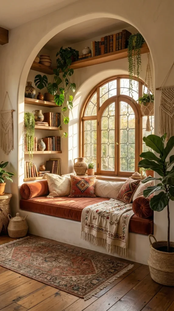 A cozy, white arched reading nook featuring a built-in window seat with colorful bohemian textiles and mandala pillows. The space is framed by curved shelves filled with books and trailing indoor plants, illuminated by natural sunlight through a leaded glass window and hanging decorative Moroccan-style lanterns.