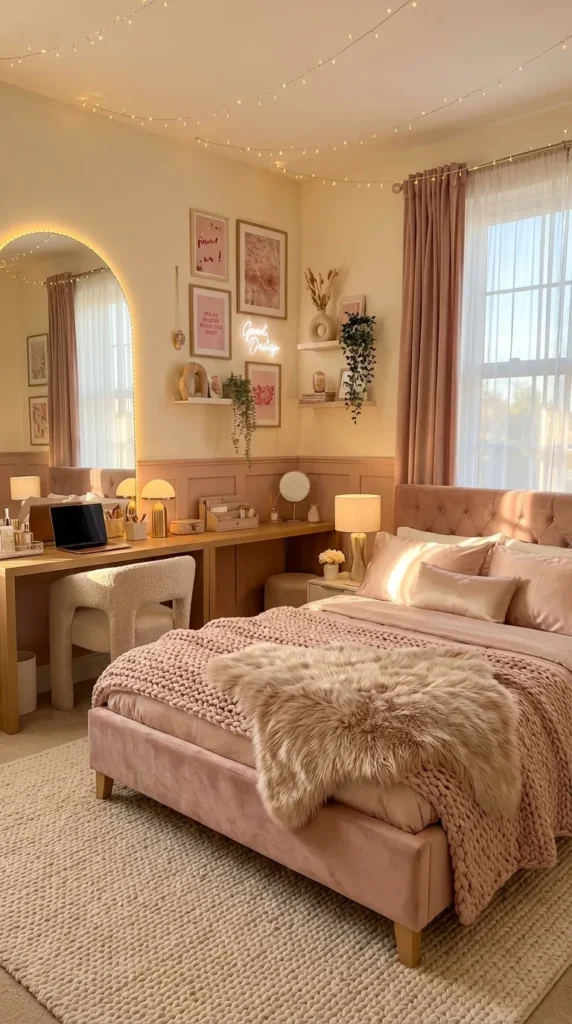 Aesthetic pink dorm room decor featuring a bed with a pink knot pillow, a fluffy pink area rug, and a large full-length mirror framed with warm fairy lights. Wall collage art and soft lighting create a cozy atmosphere in a small bedroom space.