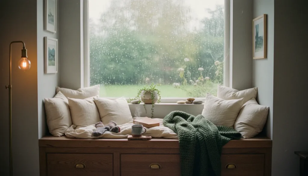 Cozy window seat nook with soft cushions, warm blankets, and raindrops on the glass, perfect for a rainy day reading retreat.