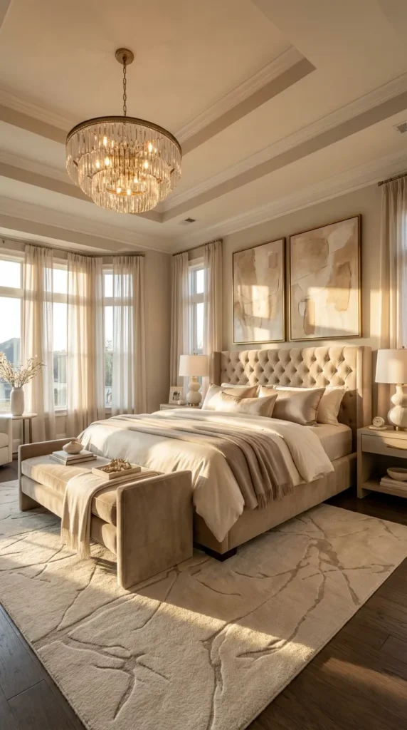 Luxurious master bedroom interior featuring a tall beige tufted headboard, matching upholstered bench, and a crystal chandelier. The room is decorated in neutral cream and taupe tones with a gallery wall of four prints, white bedding with a textured throw, and floor-to-ceiling curtains.
