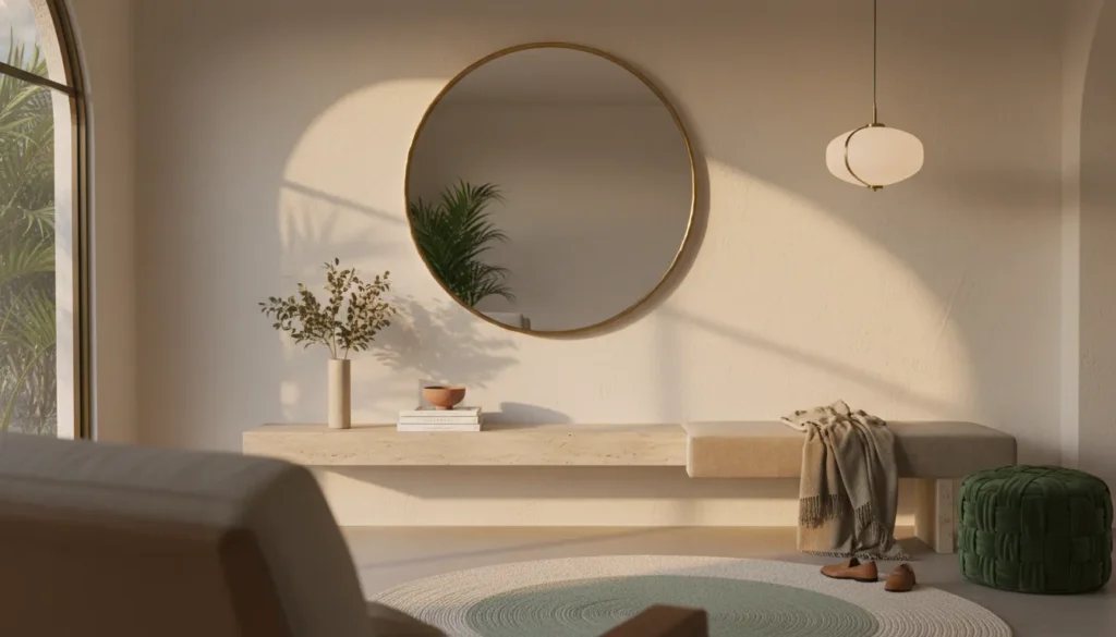 Modern home entryway with a round mirror, wooden console table, and organized decor creating a welcoming first impression.