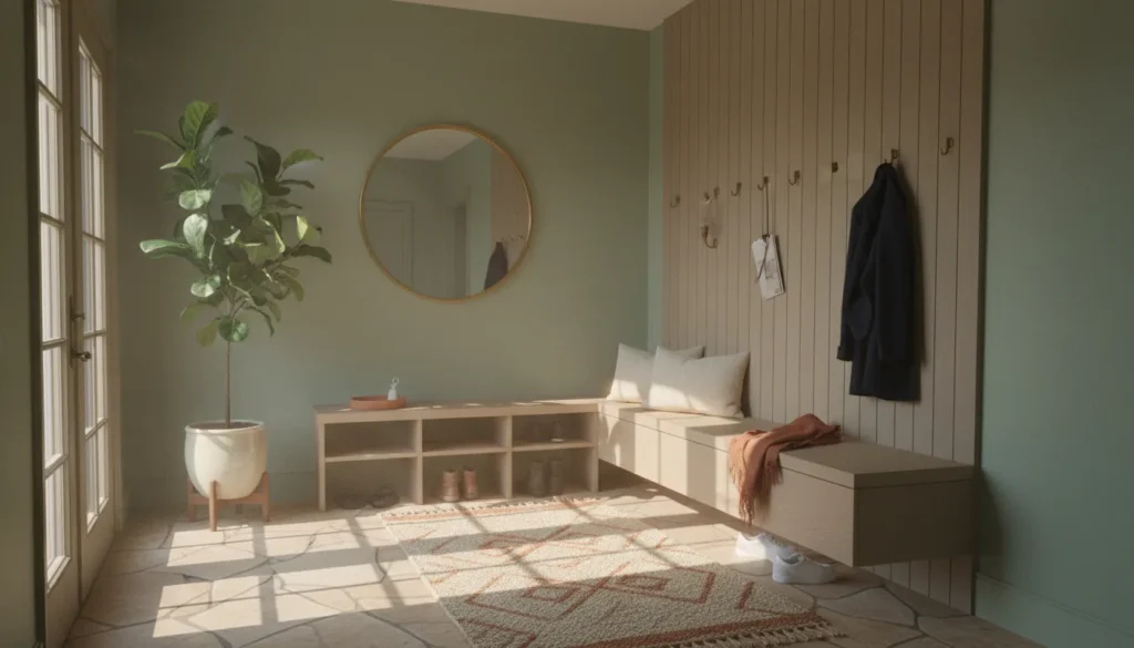 Inviting entryway featuring a wooden bench, woven rug, and neutral color palette, showcasing a functional and stylish home entrance design.