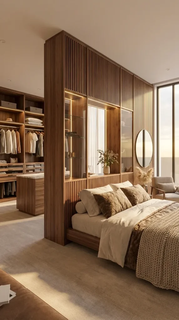 Modern bedroom interior design featuring a floor-to-ceiling wooden partition wall separating a white bed from a linear open walk-in closet. The closet features wooden shelving, hanging clothes, and drawers, lit by track lighting. The bedroom area includes beige curtains, a white nightstand, and contemporary pendant lights.