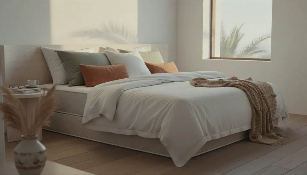 Luxuriously layered hotel-style bed with crisp white linens, plush duvet, and arranged pillows in a bright, polished bedroom.