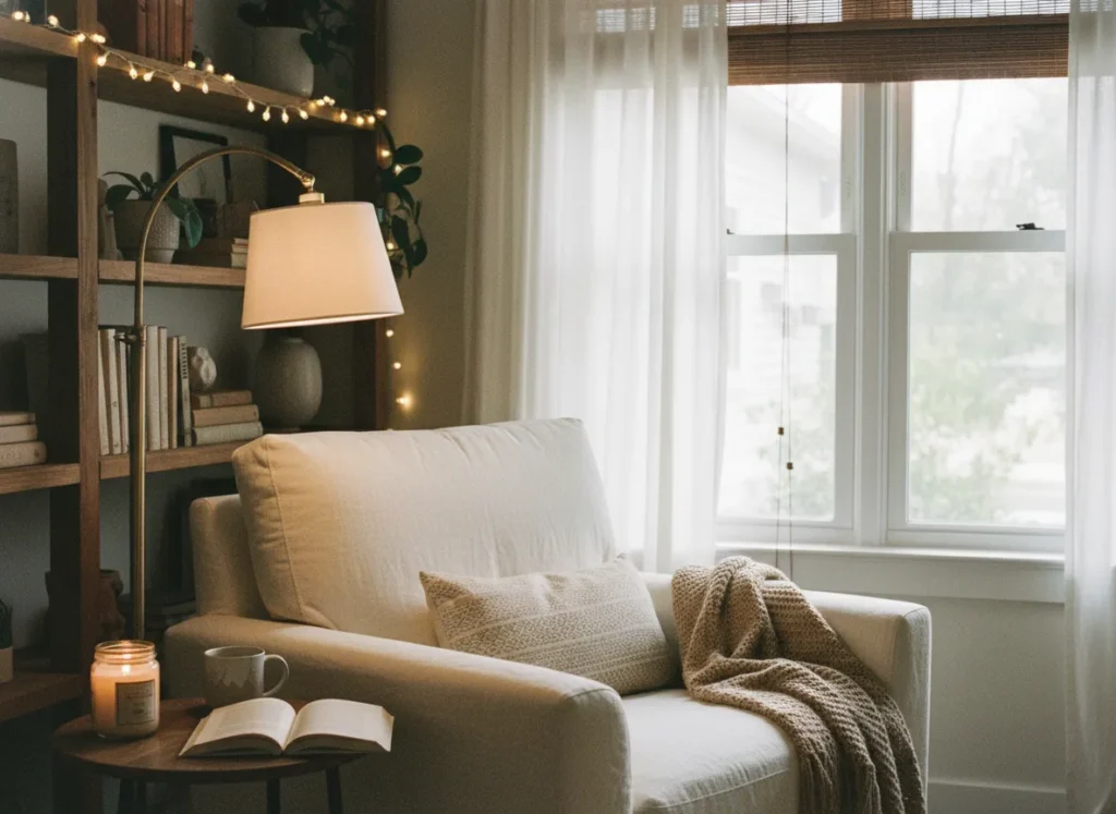 Cozy reading corner featuring a window-side chair, adjustable floor lamp, warm string lights, and soft textiles for a relaxing atmosphere.