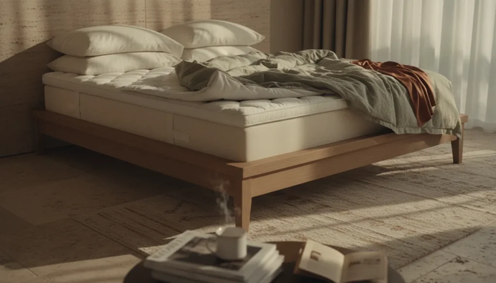 A layered luxury bed foundation with a high-quality mattress, plush topper, and crisp white linens in a five-star hotel style.