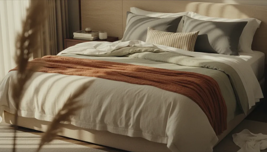 Elegant hotel-style bed featuring layered white pillows, crisp cotton linens, and a folded duvet for a luxurious bedroom atmosphere.