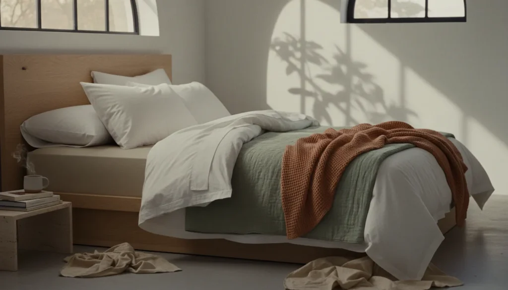 Luxurious hotel-style bed with layered white duvet, folded quilt, and textured throw blanket for a plush, inviting bedroom aesthetic.