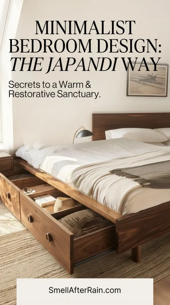 A warm Minimalist Bedroom Design featuring a walnut wood platform bed with built-in storage drawers. The bed is dressed in white linen bedding and a textured grey throw, resting on a natural jute rug. This cozy setup illustrates the perfect balance for a Japandi Bedroom or functional Minimalism Bedroom, combining organic textures with clean lines and practical storage solutions.