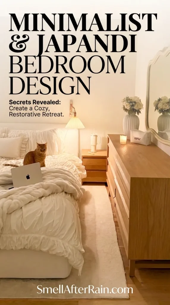 A warm Minimalist Bedroom Design featuring a cozy bed with textured white bedding and an orange cat sitting on top. A wooden dresser with a pleated lamp and white roses sits next to the bed, reflecting in a large vintage-style mirror, showcasing a perfect Japandi Bedroom aesthetic. The room utilizes soft lighting and neutral tones typical of a comfortable Minimalism Bedroom.