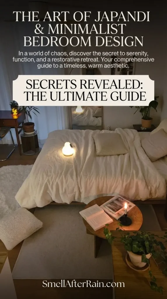 A serene Minimalist Bedroom Design featuring a low-profile bed with white textured bedding and a soft faux fur rug. The room embodies a Japandi Bedroom aesthetic with warm ambient lighting, a wooden round table holding books and a candle, a floor mirror, and potted plants, offering perfect inspiration for a cozy Minimalism Bedroom layout.