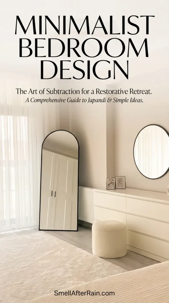 A serene Minimalist Bedroom Design featuring a large black arched floor mirror, white chest of drawers, and a sculptural petal pendant light. The space utilizes sheer curtains and soft textiles to create a warm Minimalism Bedroom vibe, perfectly embodying the Japandi Bedroom aesthetic with neutral tones and clean lines.