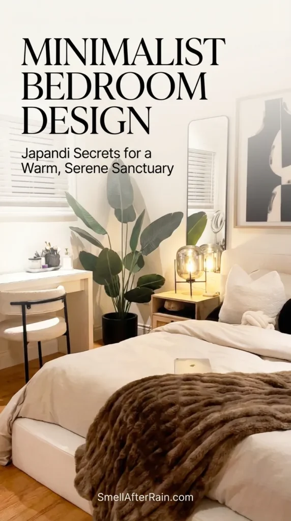 A cozy Minimalist Bedroom Design featuring a plush white bed with a brown faux fur throw and a large statement plant in the corner. The room embodies a Japandi Bedroom aesthetic with a sleek white vanity desk, a large floor mirror, and warm ambient lighting, perfect for those seeking warm Minimalism Bedroom inspiration.
