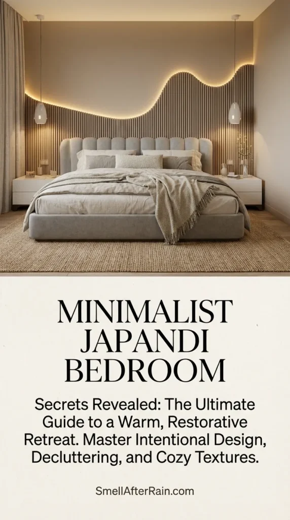 A stunning Minimalist Bedroom Design featuring a custom wavy wooden slat headboard wall with warm LED backlighting. The room embodies a Japandi Bedroom aesthetic with a soft grey tufted bed, modern pendant lighting, and neutral textures, offering perfect inspiration for a cozy Minimalism Bedroom layout.