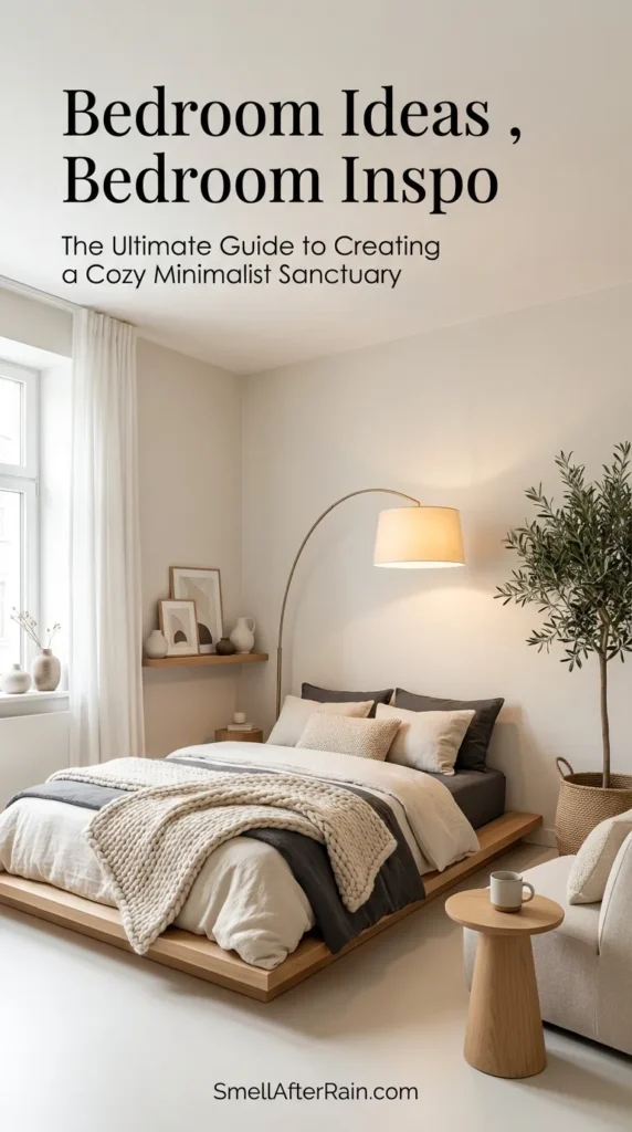 A modern dark aesthetic bedroom featuring a sleek gaming desk setup with dual monitors and a PC tower. The room showcases minimalist Bedroom Ideas with black walls, a charcoal grey platform bed with soft bedding, and a plush grey area rug on wood floors. Industrial style lighting and framed art complete this moody Bedroom Inspo for a cozy yet masculine minimalist sanctuary.