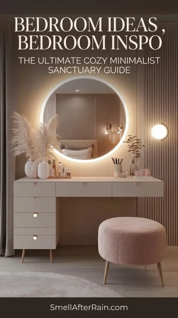Elegant minimalist vanity setup featuring a large round mirror with warm halo lighting, representing cozy Bedroom Ideas. A sleek white desk with drawers sits against a beige wall with vertical wood paneling. A textured pink ottoman and vases with pampas grass add softness, providing stylish Bedroom Inspo for a modern, clutter-free home.