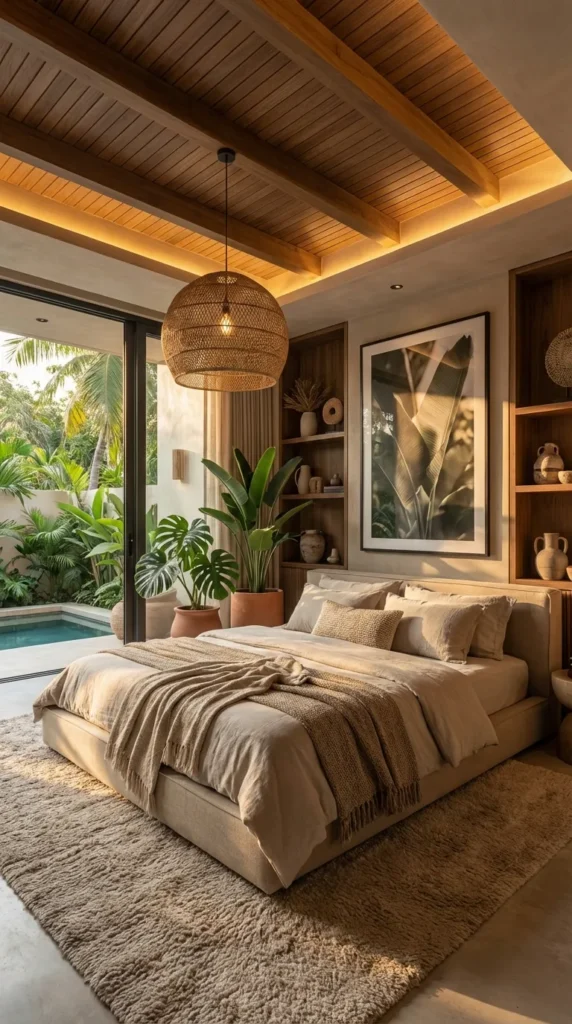 Modern luxury bedroom featuring a wooden platform bed with neutral beige bedding, a wood-slatted ceiling with recessed cove lighting and a ceiling fan, large palm leaf framed art, and sliding glass doors opening to a lush green tropical garden.