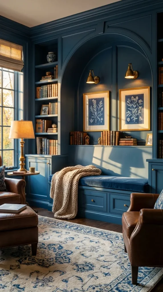 Deep navy blue home library featuring an arched built-in reading nook with floor-to-ceiling bookshelves. The space includes a beige cushioned bench seat with striped pillows, wall-mounted sconce lighting, framed botanical artwork, and a patterned area rug.