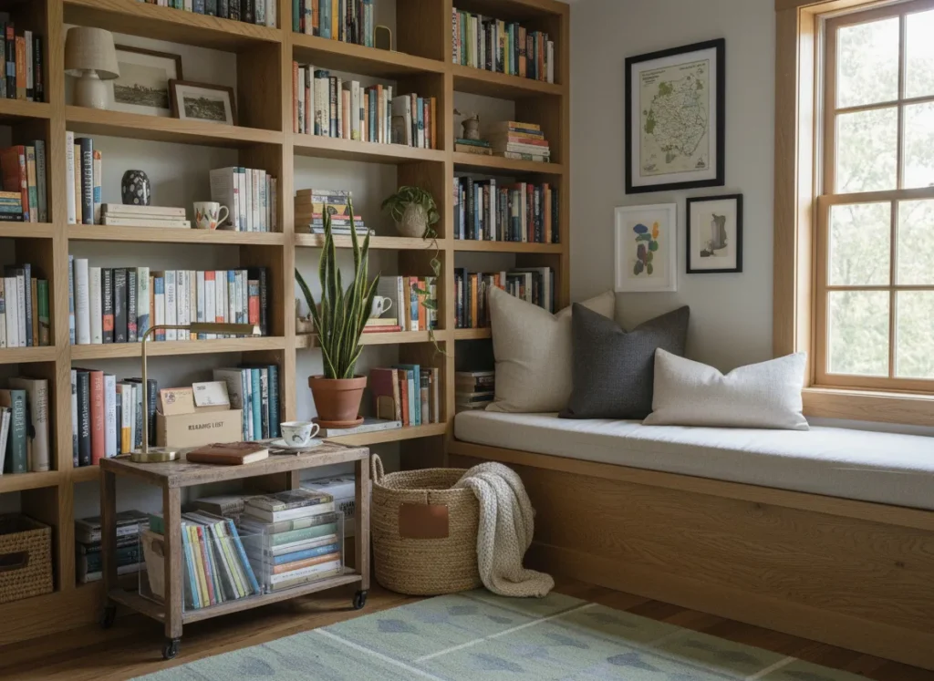 Cozy reading nook with vertical bookshelves, a plush rug, soft throw pillows, and indoor plants for a warm and organized personal library.