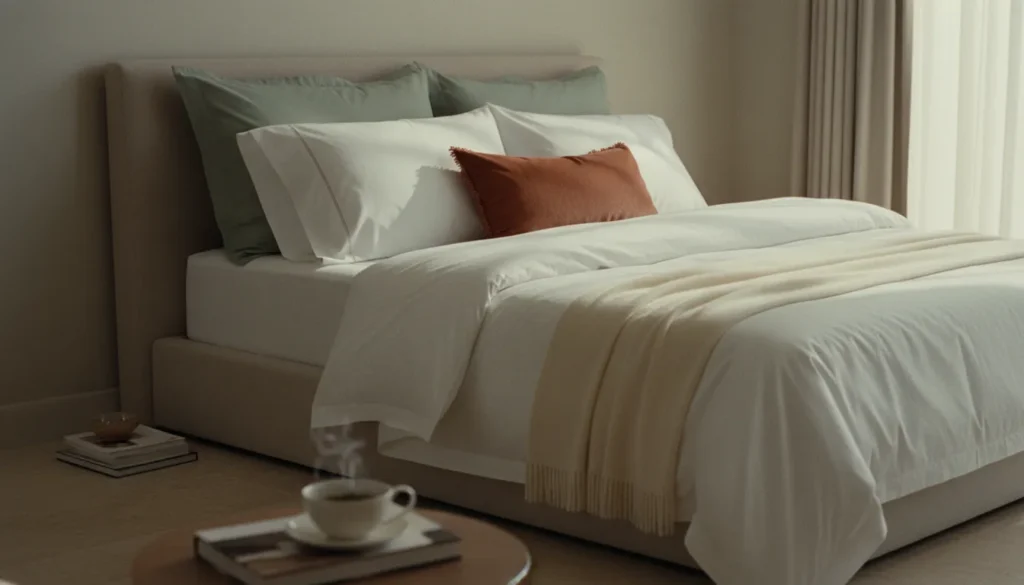 Elegant five-star hotel-style bed with layered white pillows, euro shams, a textured lumbar cushion, and a neatly folded throw blanket.