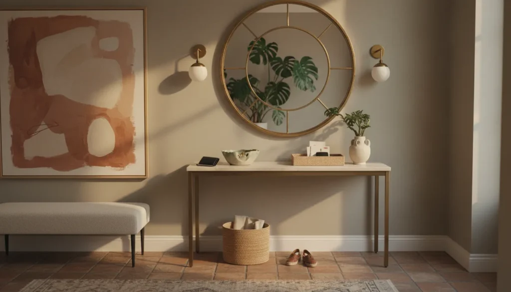 Modern entryway design featuring a slim console table, large round mirror, and curated art for a functional, stylish first impression.