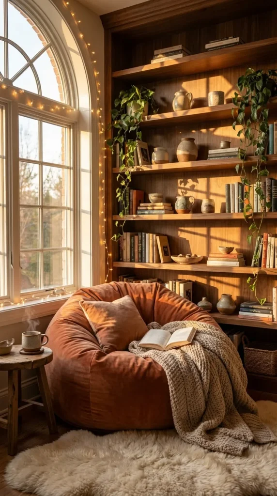 A warm and cozy reading nook featuring a large brown beanbag chair with an open book resting on it. White shelves filled with books line the walls, decorated with draping string lights and hanging ivy vines to create a magical, aesthetic atmosphere.